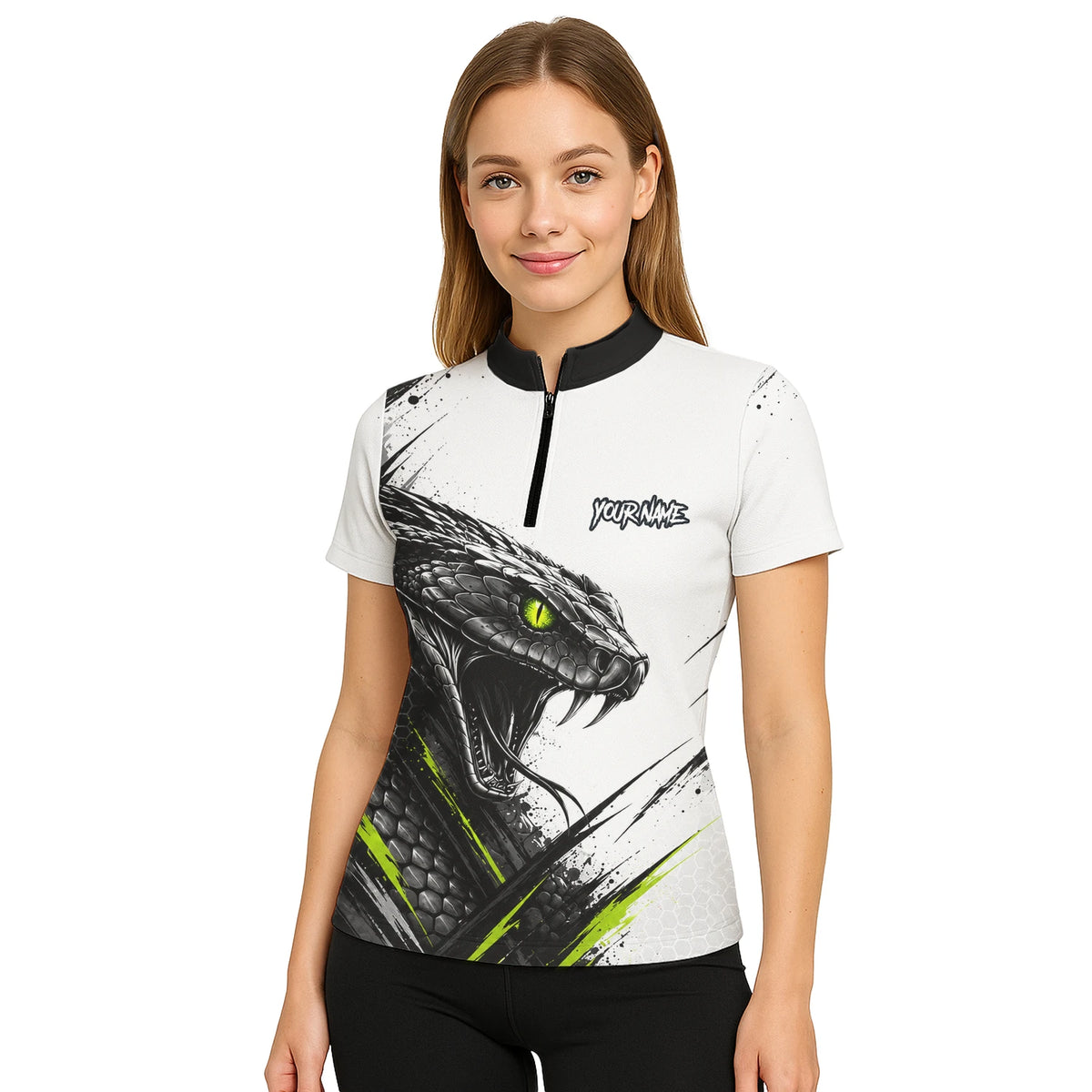 Personalisiertes Dartshirt mit weiß-schwarz-grüner Kobra für Damen I051
