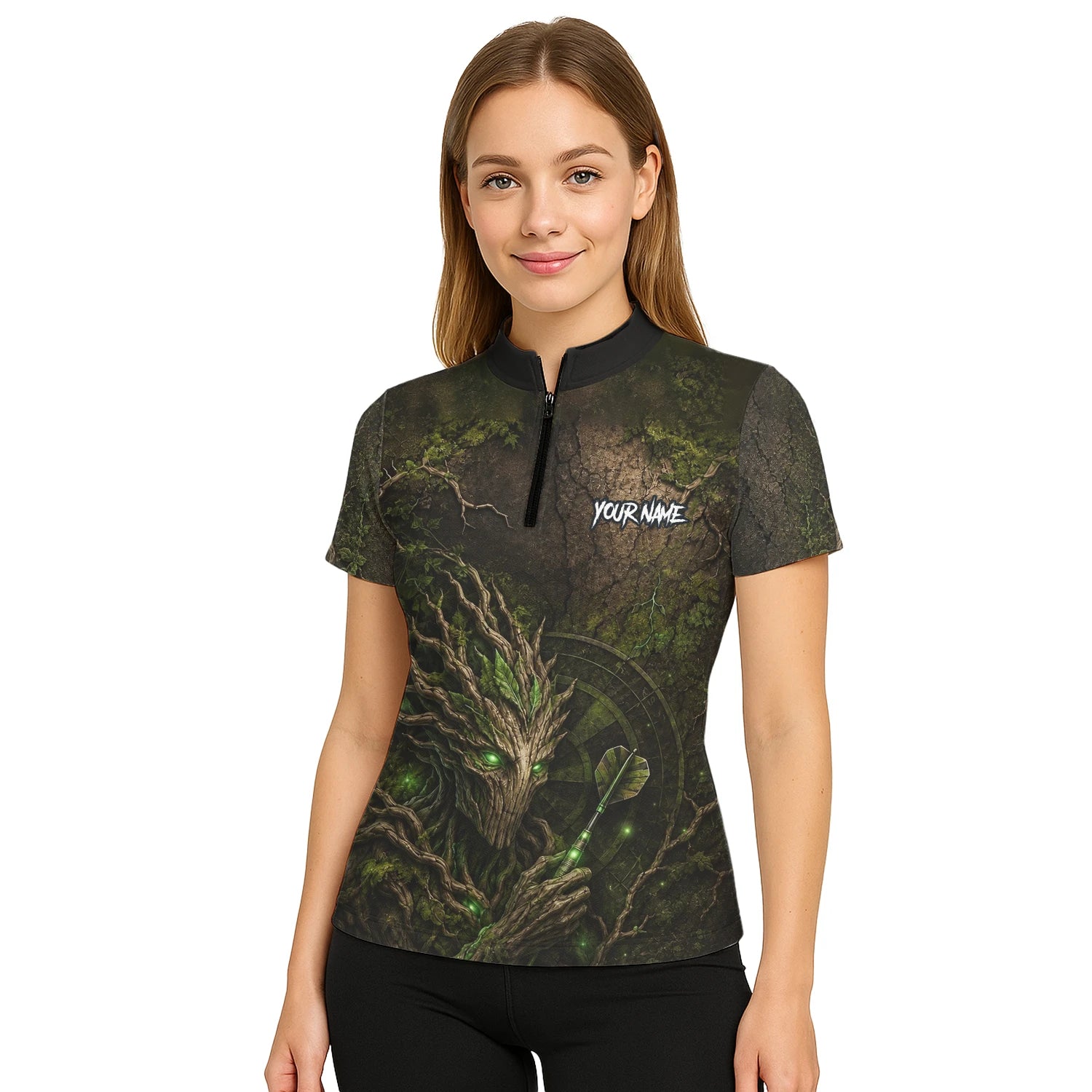 Personalisiertes Dunkelgrünes Baumwesen-Dartboard Dartshirt für Damen C913