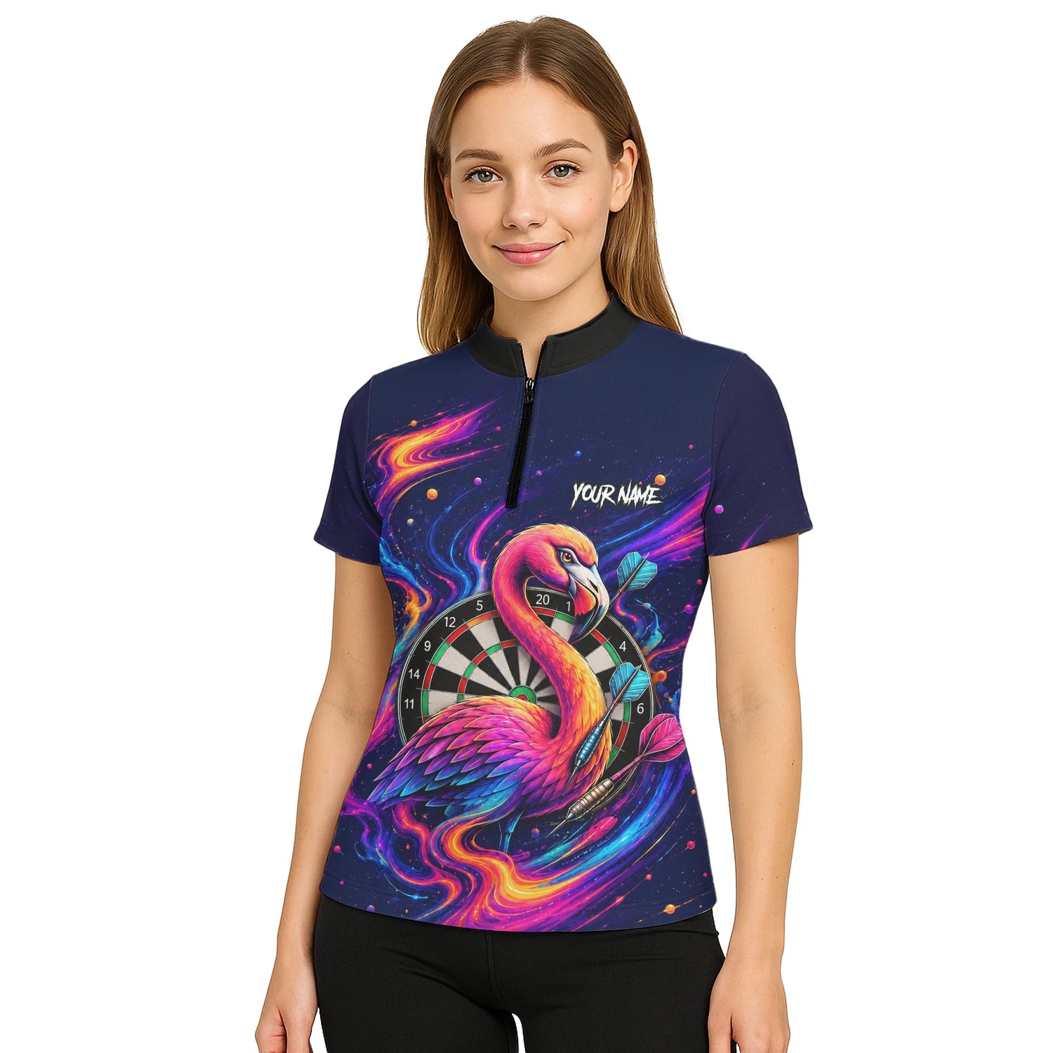 Personalisiertes Neon-Flamingo-Galaxie Dart Poloshirt für Damen D064