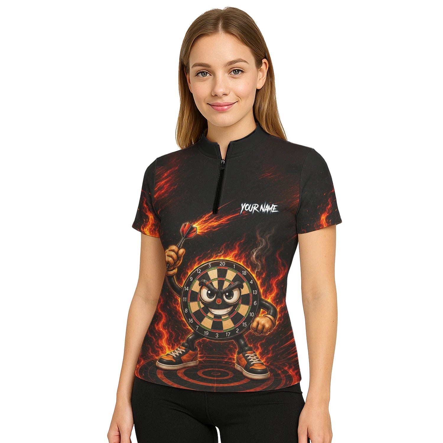 Personalisiertes Schwarz-rotes Flammen-Dartboard-Dartshirt für Damen W224