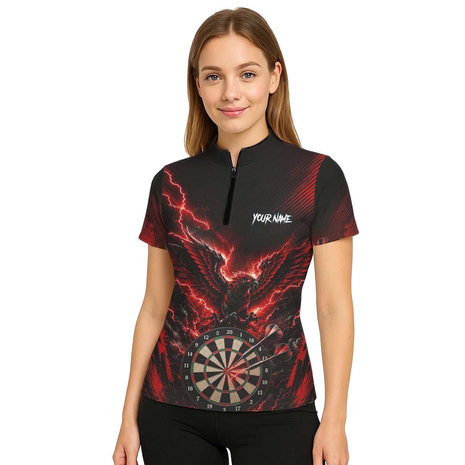 Personalisiertes Schwarz-rotes Phönix-Blitz-Dartboard Dartshirt für Damen J120