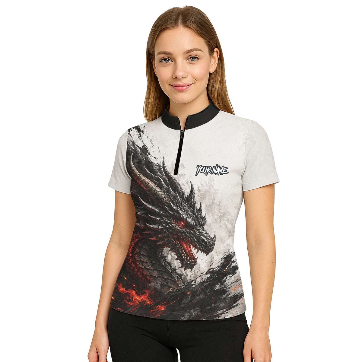Personalisiertes Dartshirt mit weiß-schwarz-rotem Drachen für Damen Z061