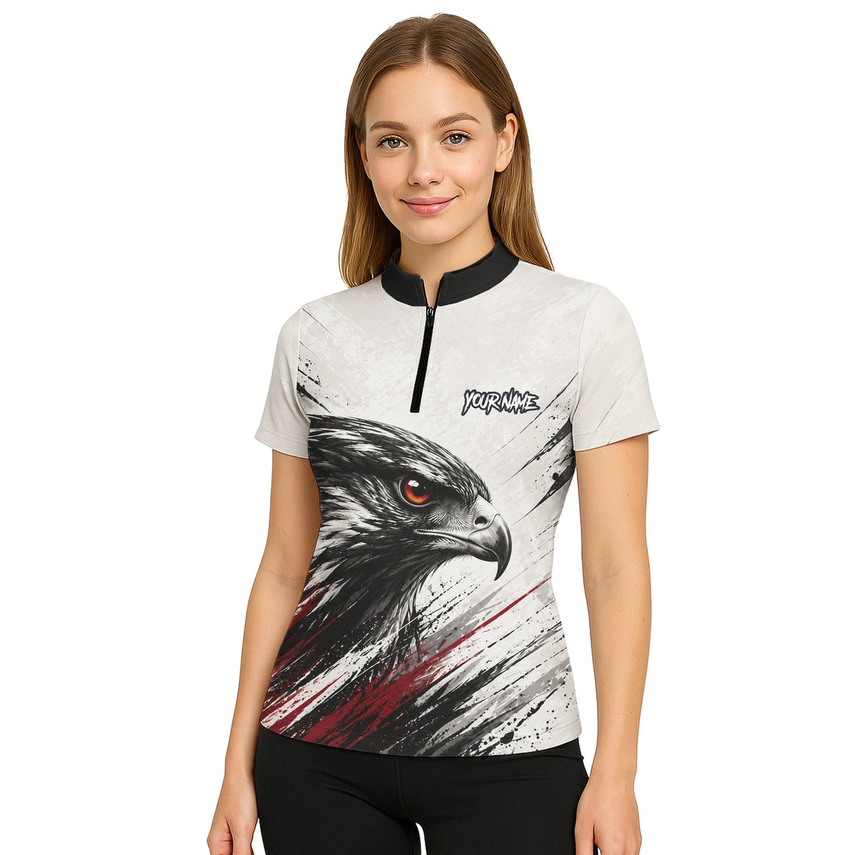 Personalisiertes Dartshirt mit weiß-schwarz-rotem Adler für Damen Z577