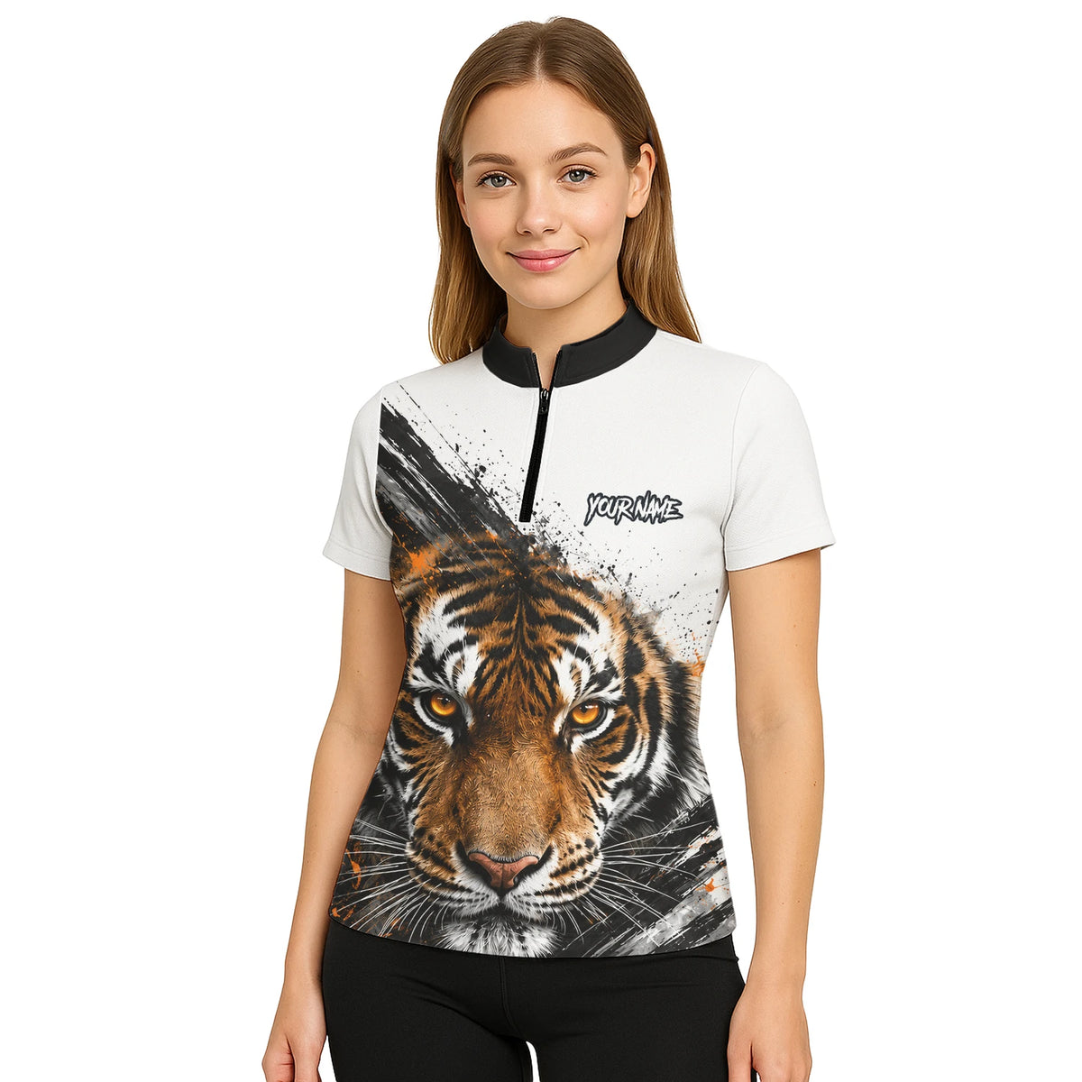 Personalisiertes Dartshirt mit weiß-schwarz-orangenem Tiger für Damen N832