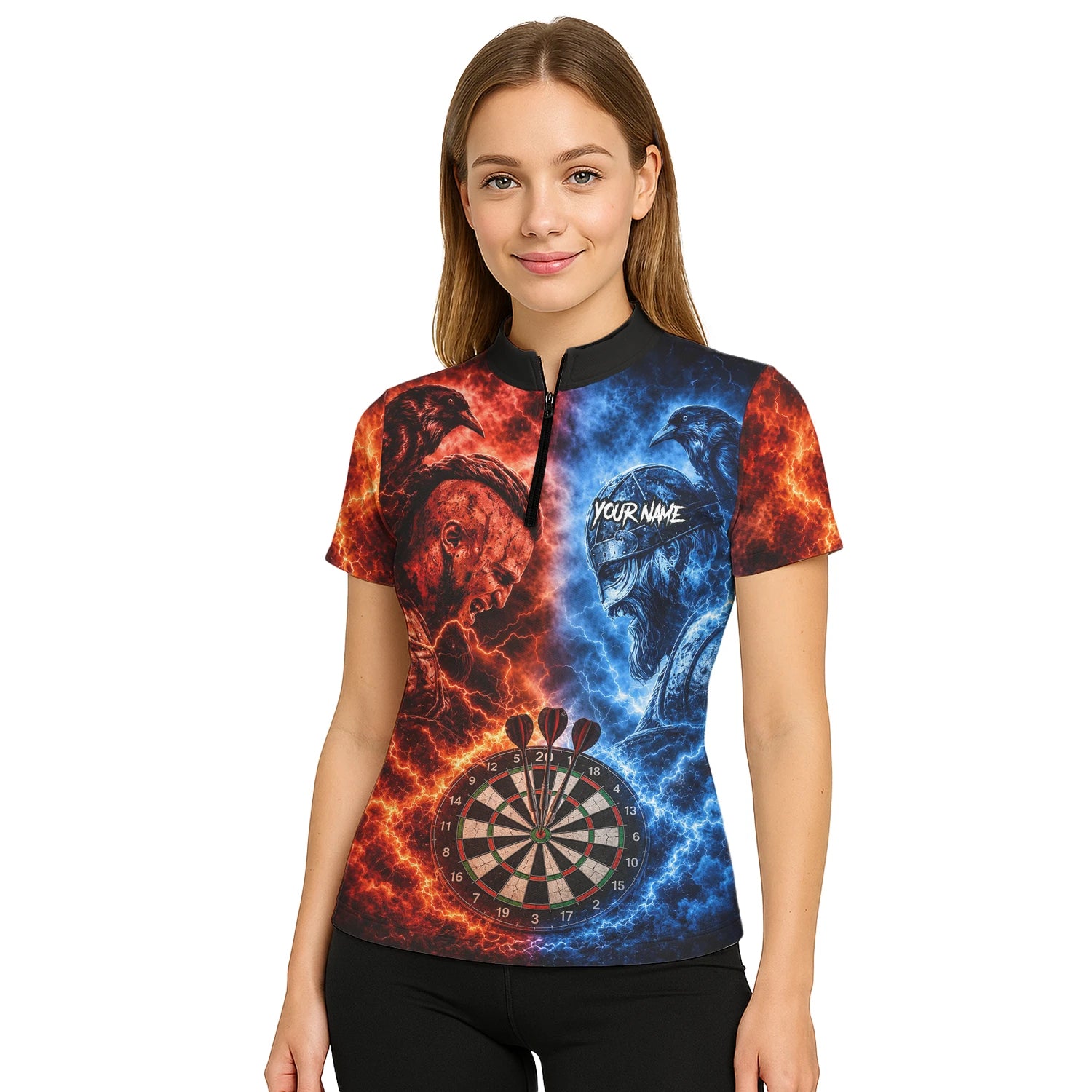 Personalisiertes Rot-blaues Wikinger-Dartshirt für Damen I920