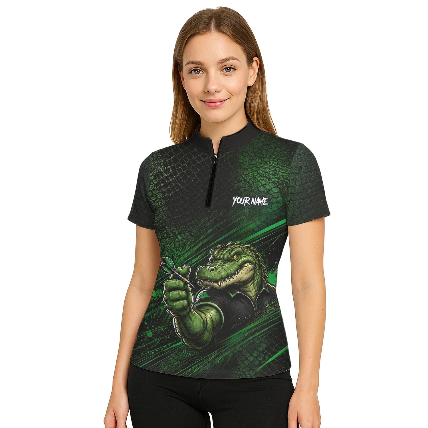 Personalisiertes Grün-schwarzes Alligator-Dartspieler-Dartshirt für Damen I987