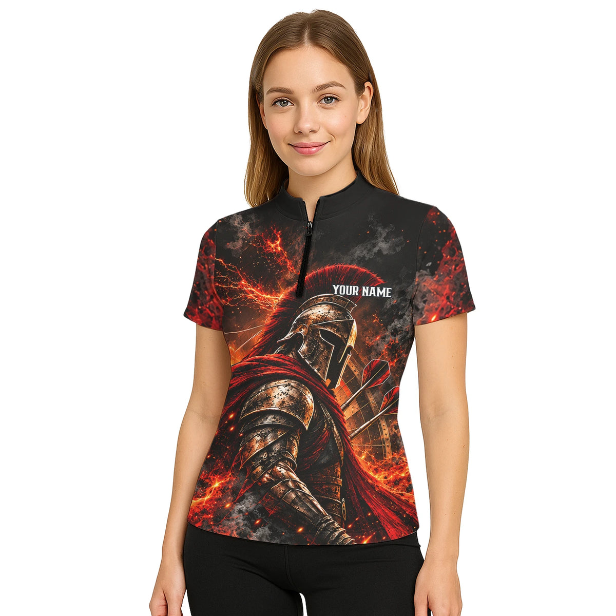 Personalisiertes Dartshirt in Schwarz, Rot und Orange mit Spartanerhelm, Flammen und Dartscheibe für Damen Z3444
