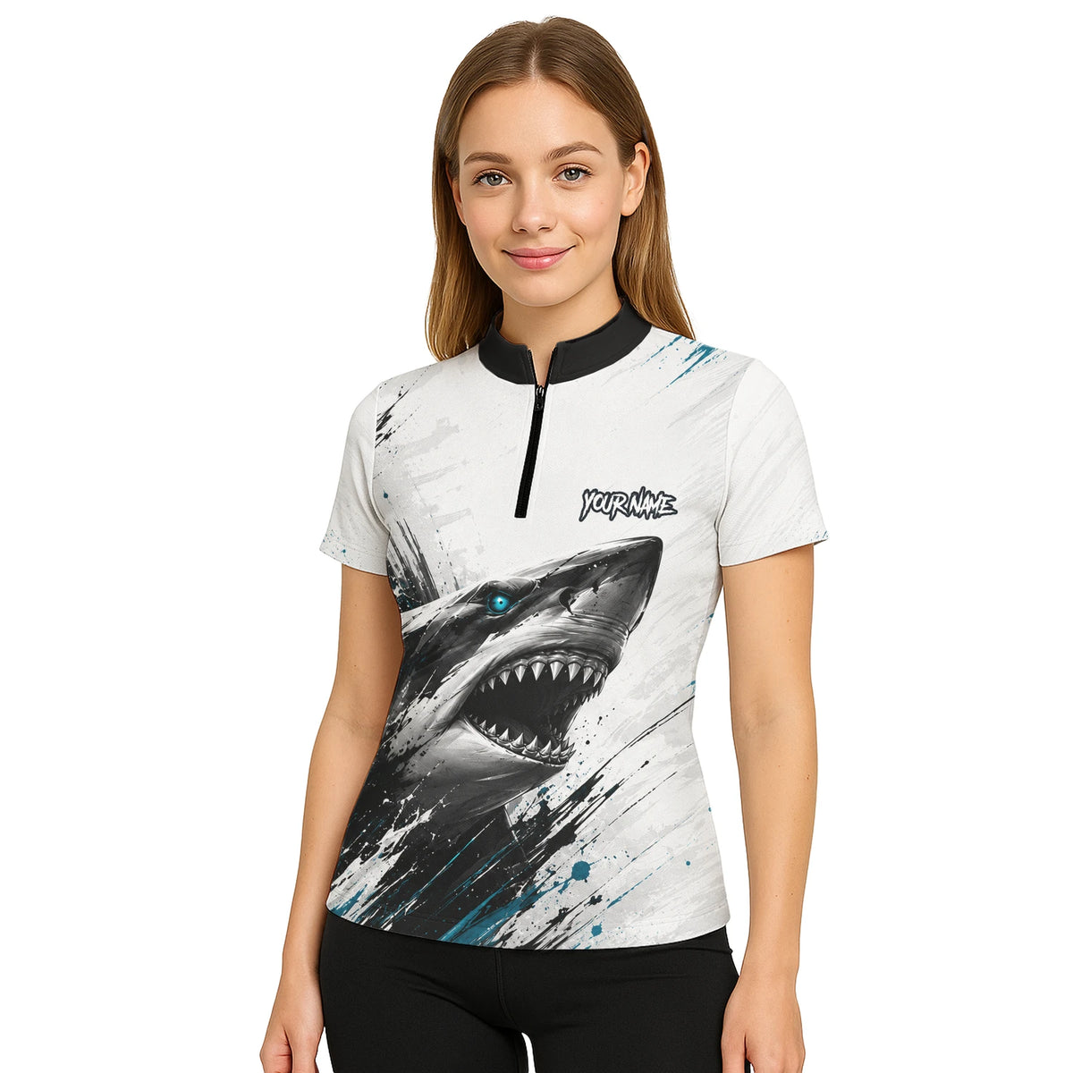 Personalisiertes Dartshirt mit weiß-schwarz-türkisem Hai für Damen D067