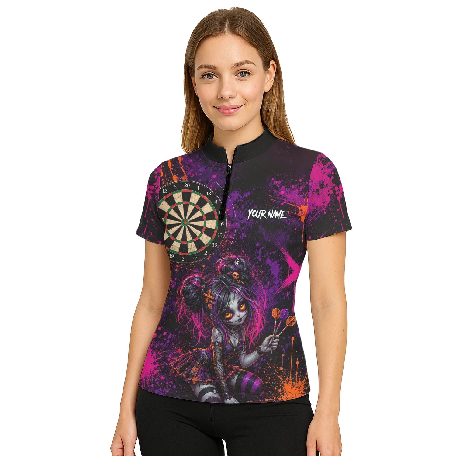 Personalisiertes Schwarz-lila-pink-oranges Gothic-Dartshirt für Damen Z641