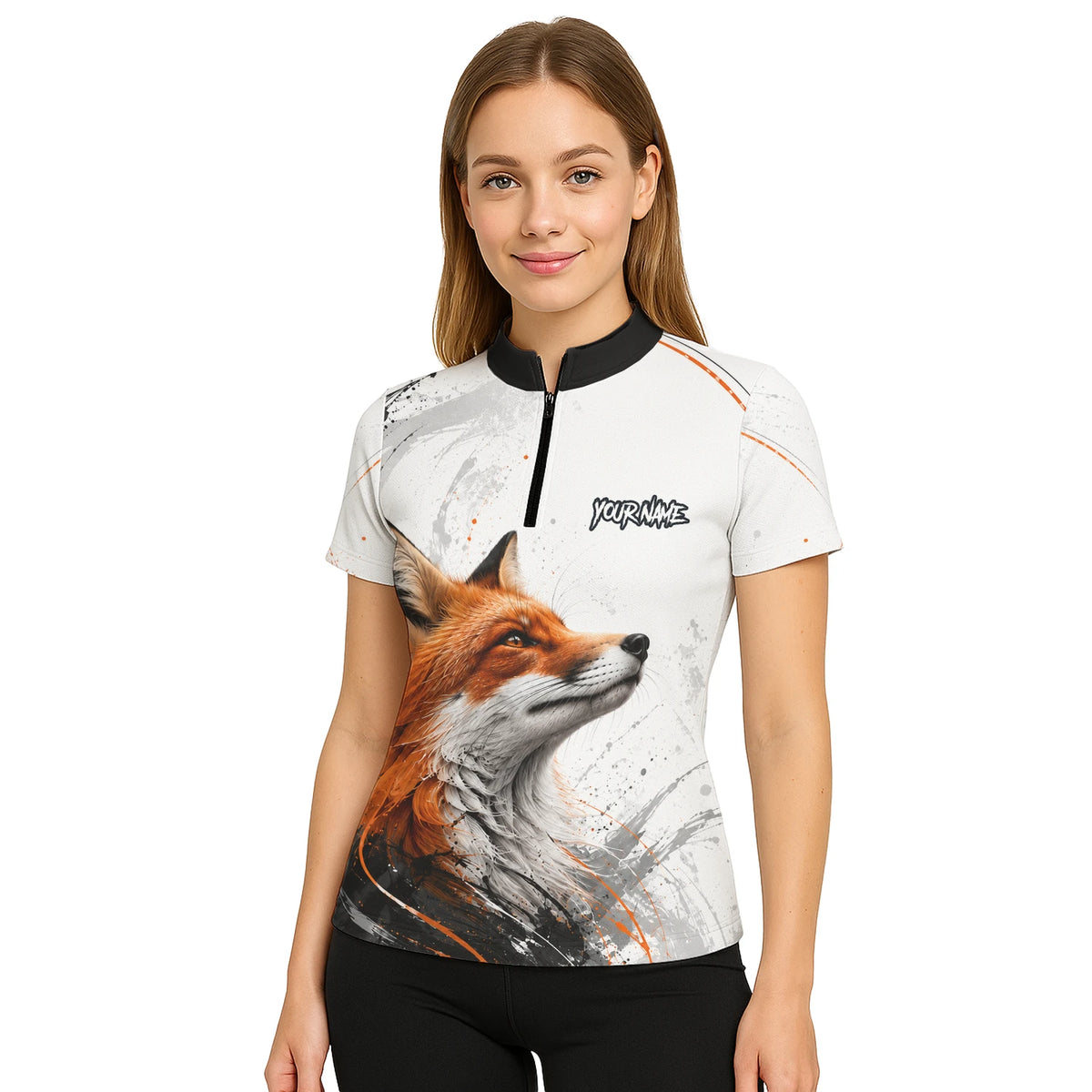 Personalisiertes Dartshirt mit weiß-schwarz-orangenem Fuchs für Damen D228