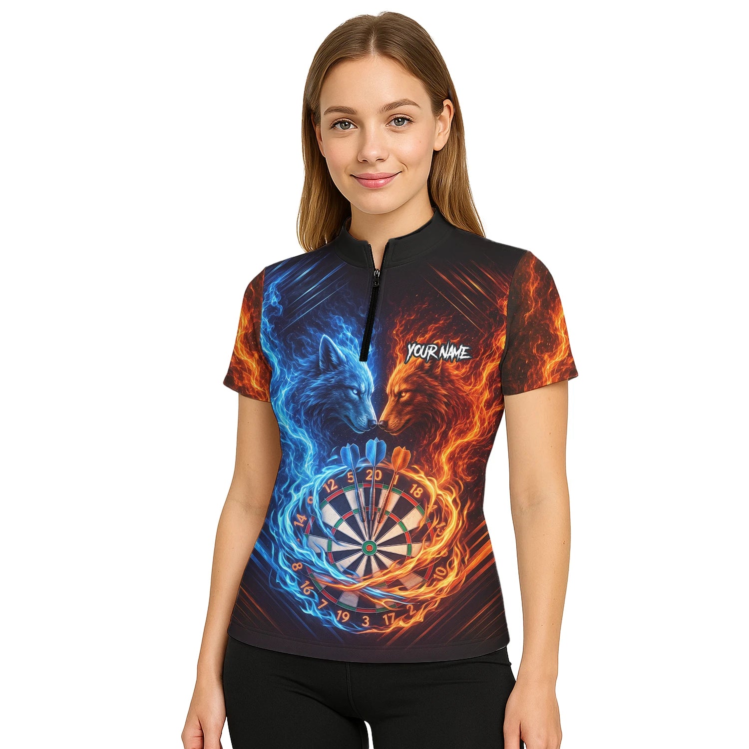 Personalisiertes Blau-oranges Wolf-Flammen-Dartboard Dartshirt für Damen A749