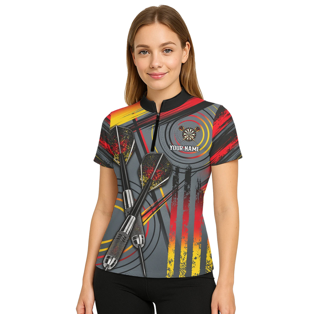 Personalisiertes Dartshirt in Grau, Schwarz, Rot und Gelb mit Dartpfeilen und Dartscheibe für Damen E2718