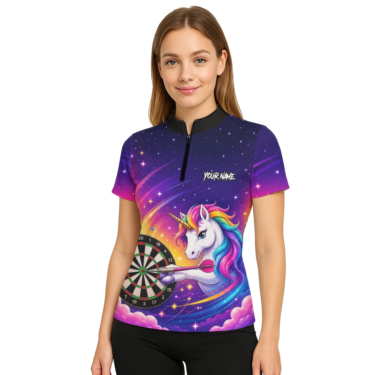 Personalisiertes Violettes Regenbogen-Einhorn-Dartshirt für Damen P431
