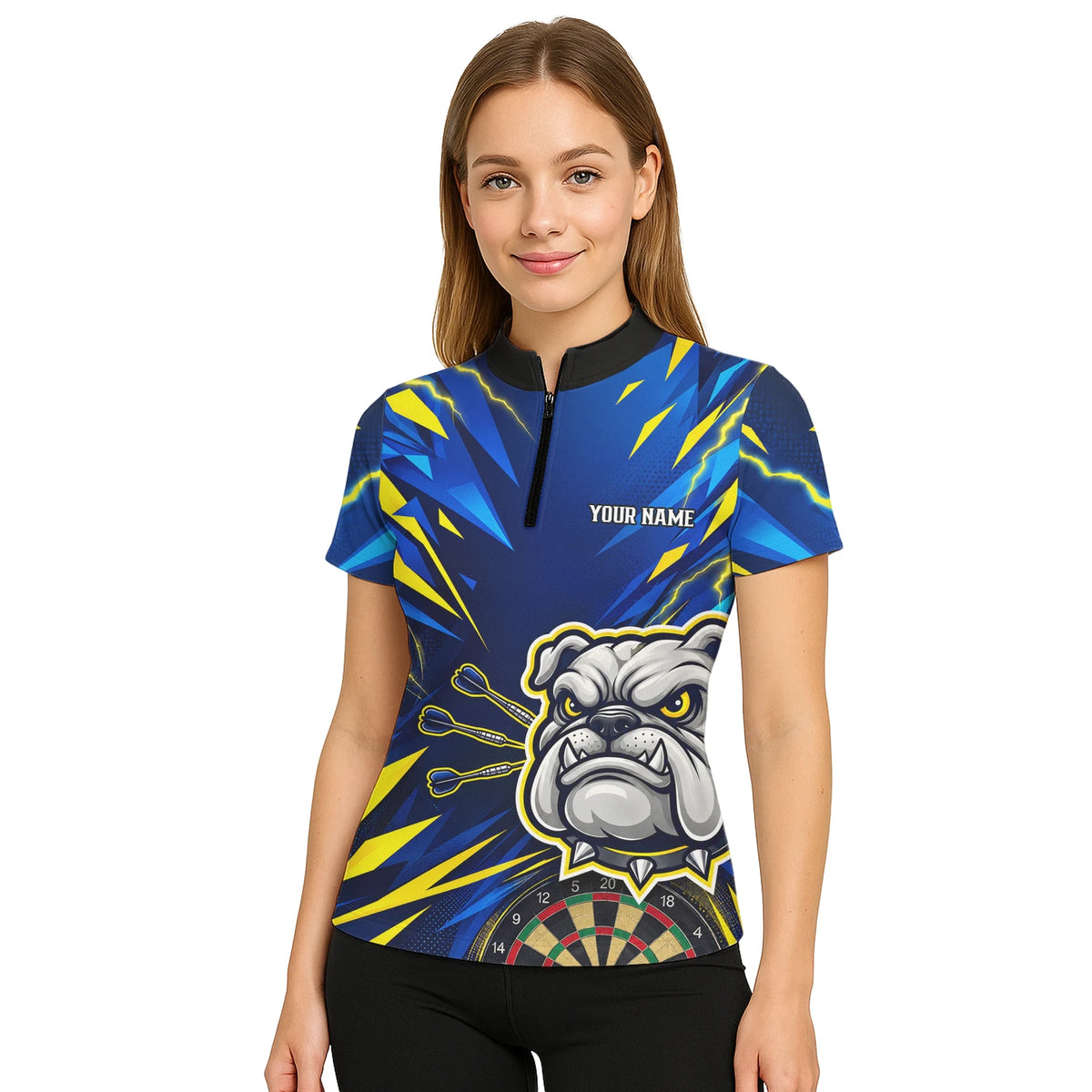 Personalisiertes Dartshirt in Blau und Gelb mit Bulldogge, Blitzen und Dartscheibe für Damen H1141