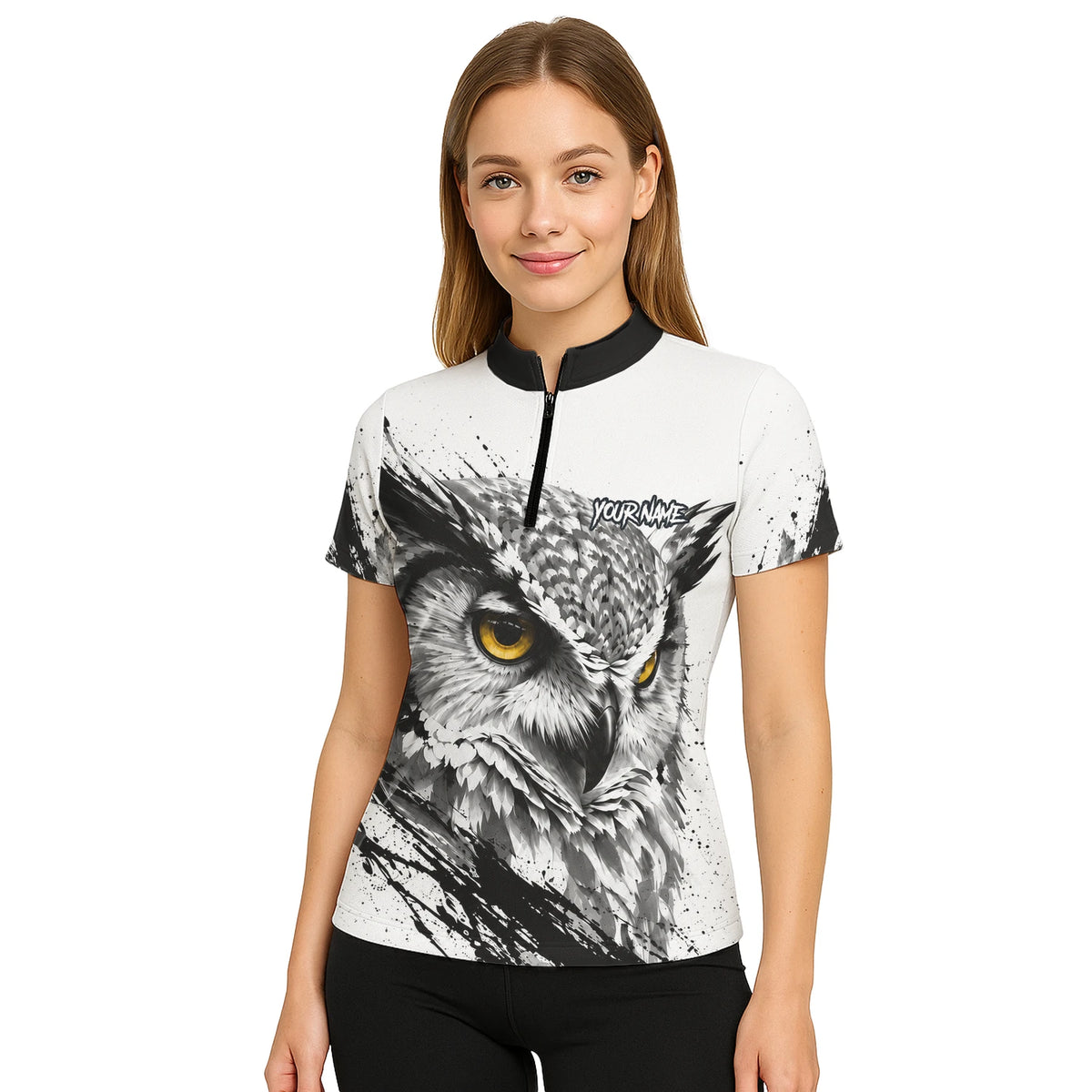 Personalisiertes Dartshirt mit weiß-schwarz-gelber Eule für Damen P128