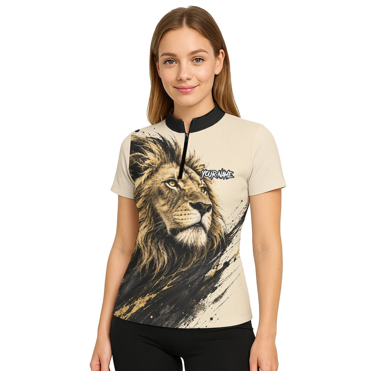 Personalisiertes Dartshirt mit creme-schwarz-goldenem Löwen für Damen Q209