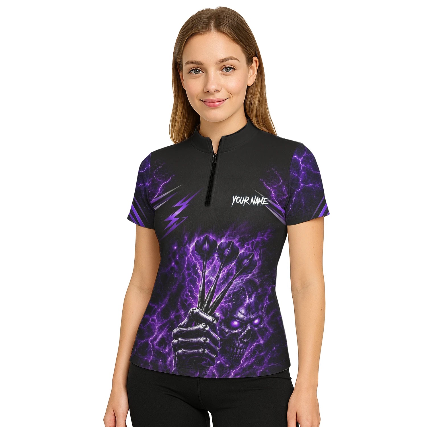 Personalisiertes Schwarz-lila Skeletthand-Dartshirt für Damen H822