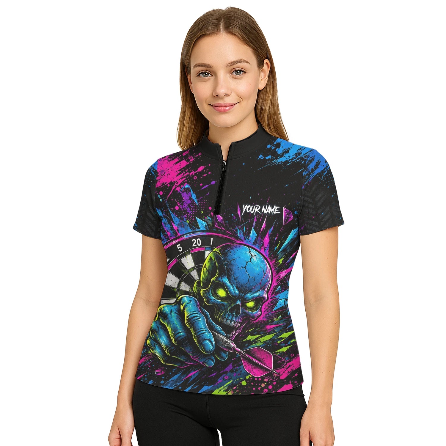 Personalisiertes Neonfarbenes Totenkopf-Dartboard Dartshirt für Damen S232