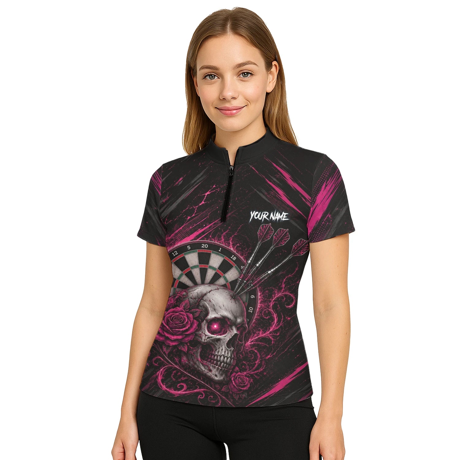 Personalisiertes Schwarz-pink Totenkopf-und-Rosen-Dartshirt für Damen V308