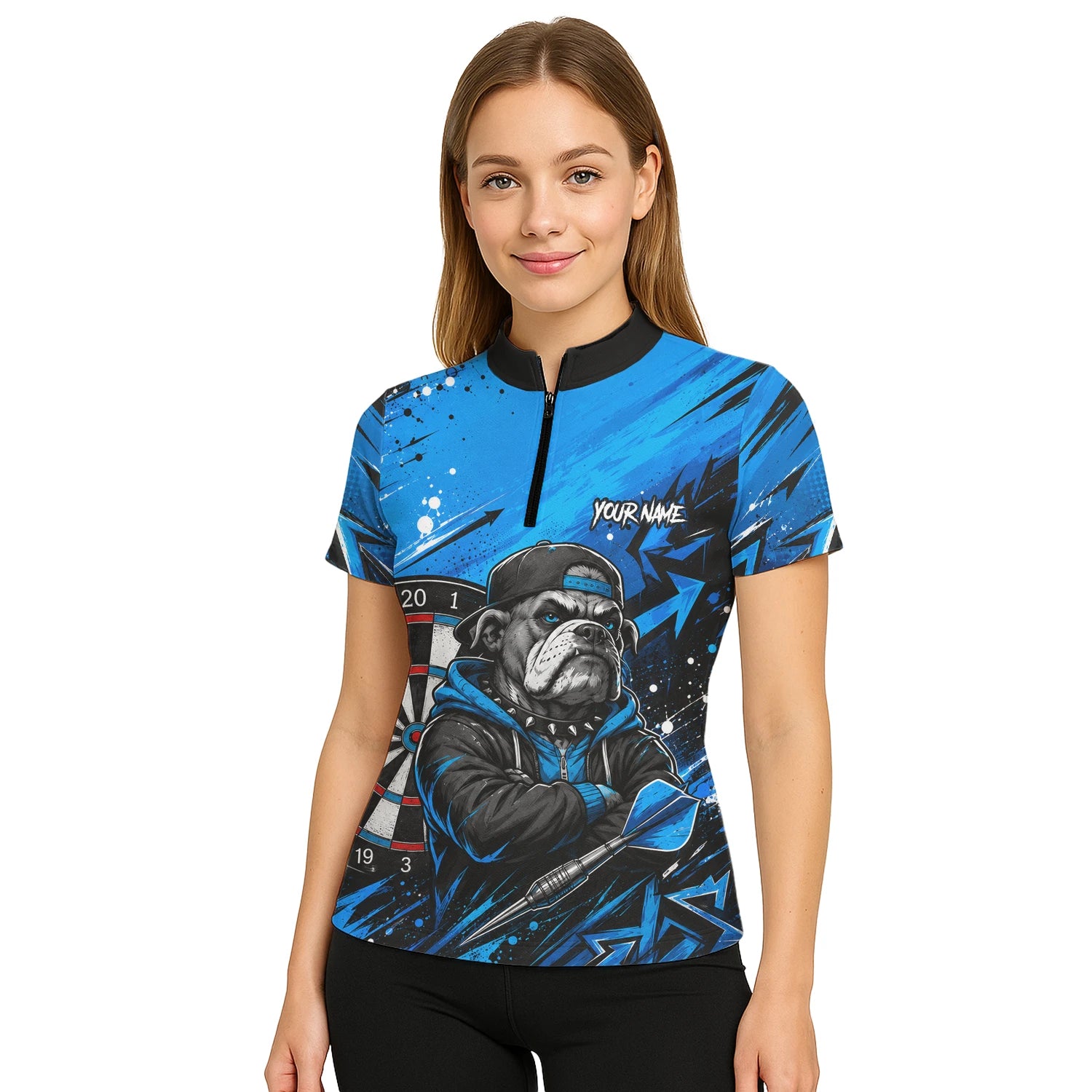 Personalisiertes Blau-schwarzes Bulldoggen-Dartshirt für Damen D529