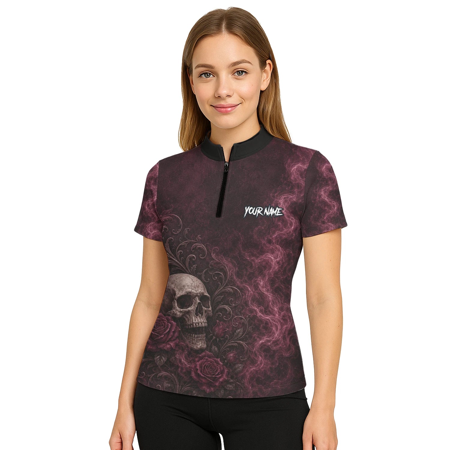 Personalisiertes Dunkelrot-schwarzes Totenkopf-Rosen-Dartshirt für Damen U786