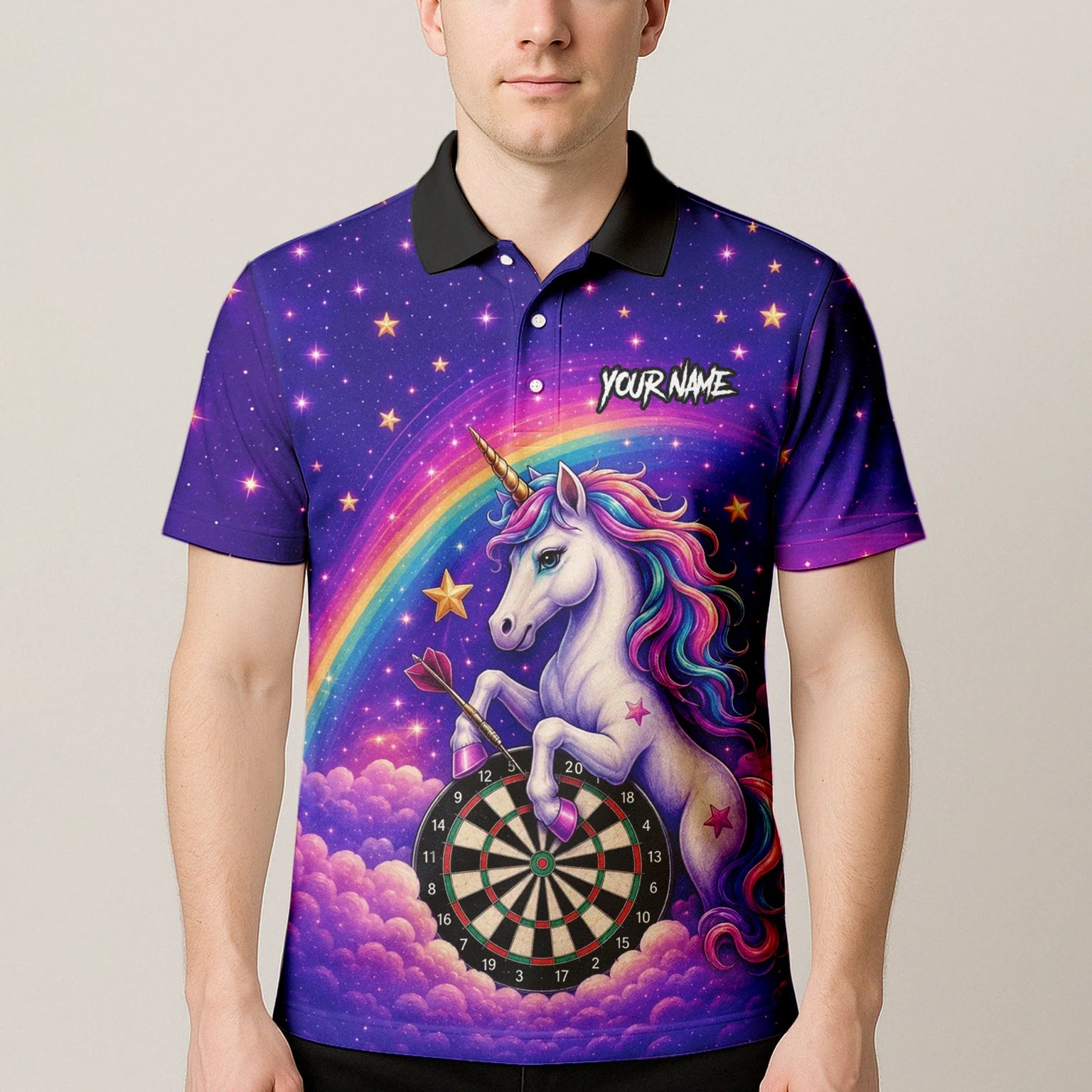 Personalisiertes Regenbogen-Einhorn Dart Poloshirt für Herren V221