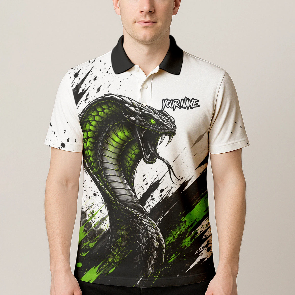 Personalisiertes Dartshirt mit weiß-schwarz-grüner Kobra für Herren Y070