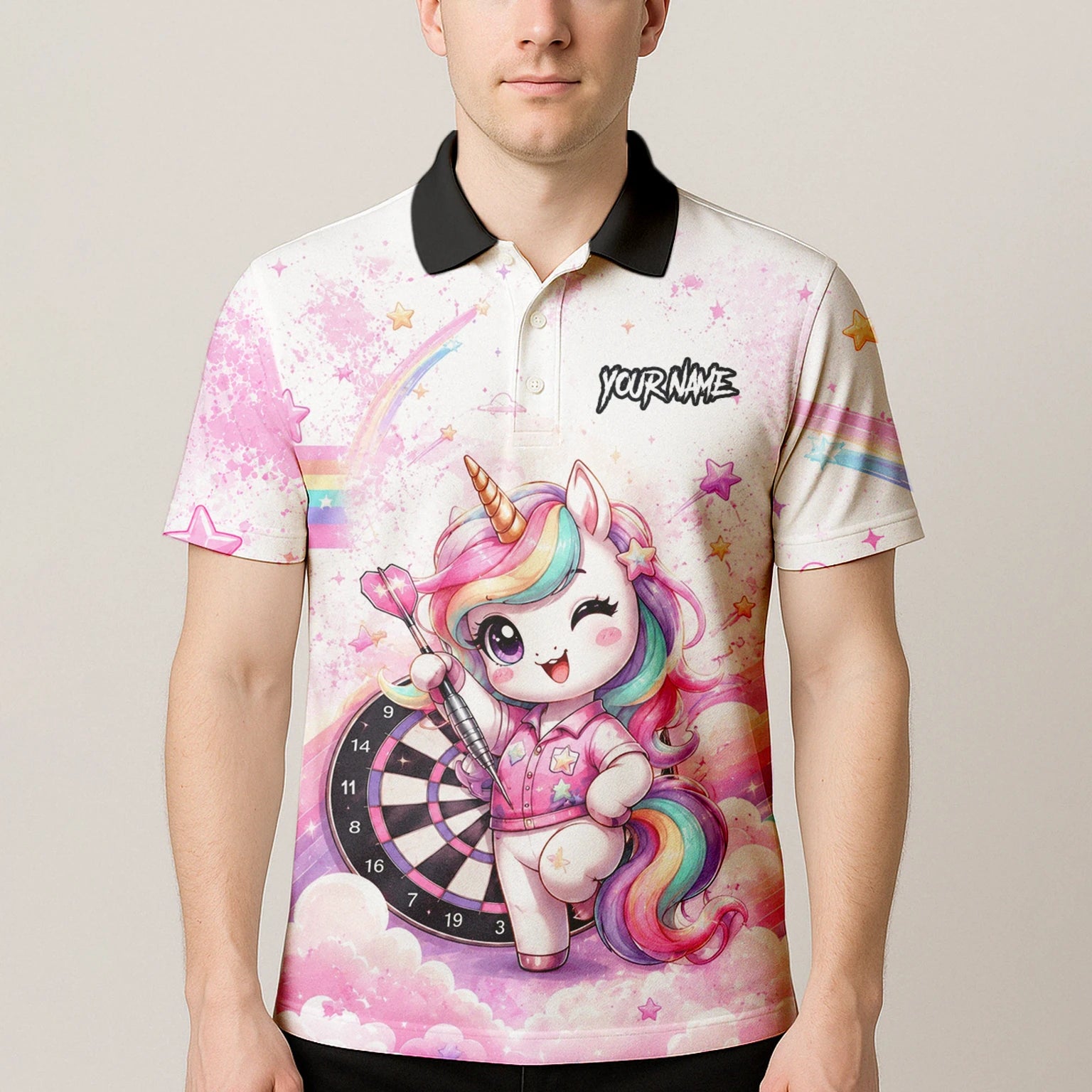 Personalisiertes Weiß-rosa Regenbogen-Einhorn-Dartshirt für Herren F188