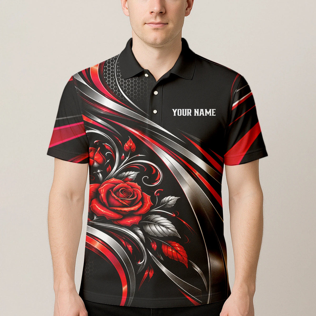 Personalisiertes Dartshirt in Schwarz, Rot und Silber mit Rosen, Flügeln und Dartscheibe für Herren Y2535