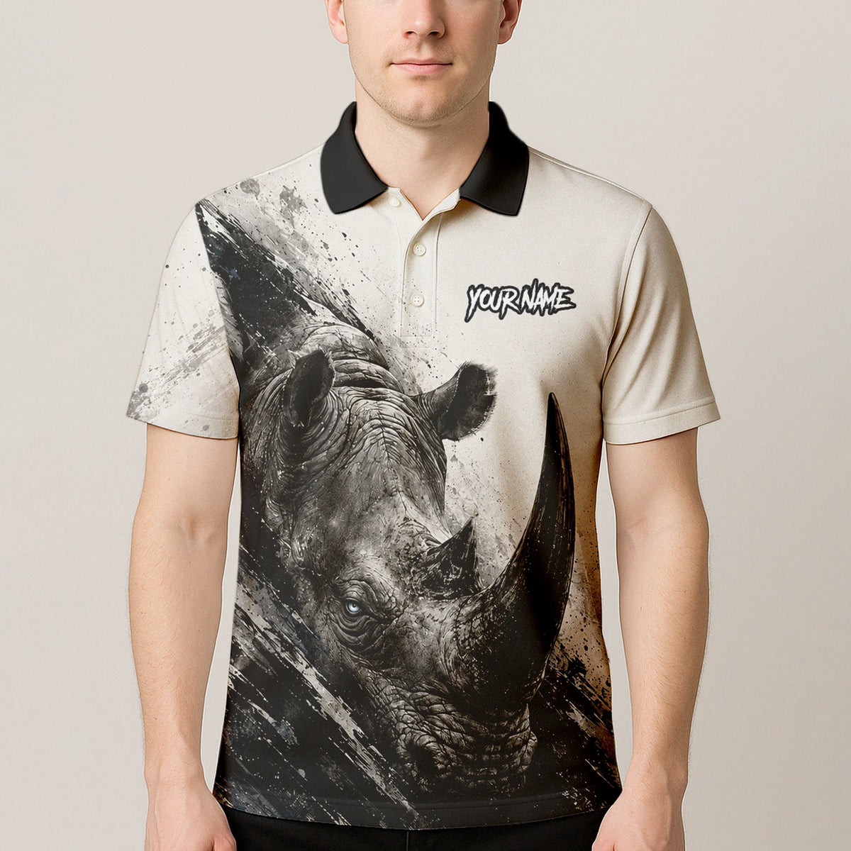 Personalisiertes Dartshirt mit weiß-schwarz-grauem Nashorn für Herren C312