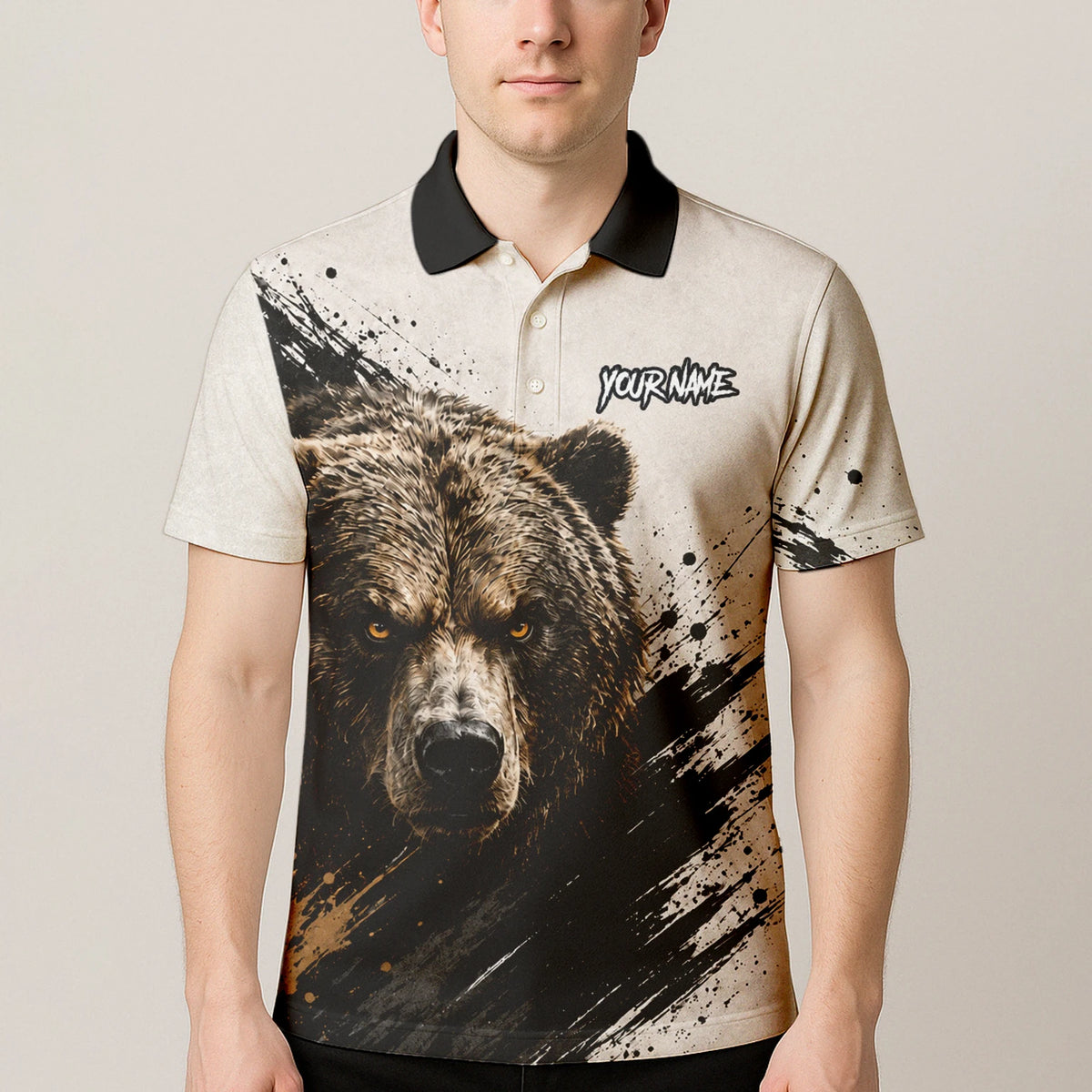 Personalisiertes Dartshirt mit weiß-schwarz-braunem Bären für Herren F926