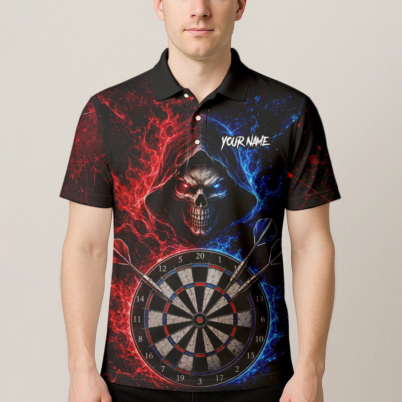 Personalisiertes Rot-blaues Totenkopf Dart Poloshirt für Herren L857