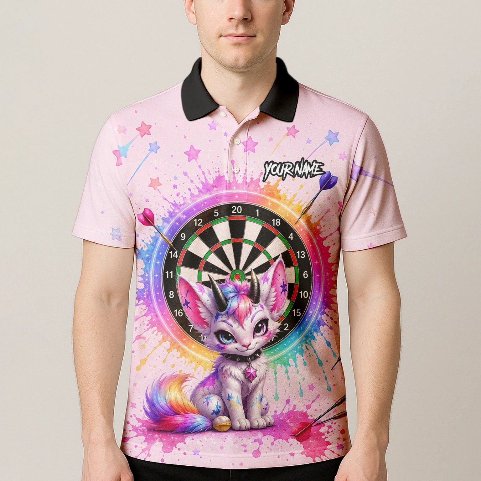 Personalisiertes Rosa Regenbogen Einhorn-Katzen-Dartshirt für Herren X398