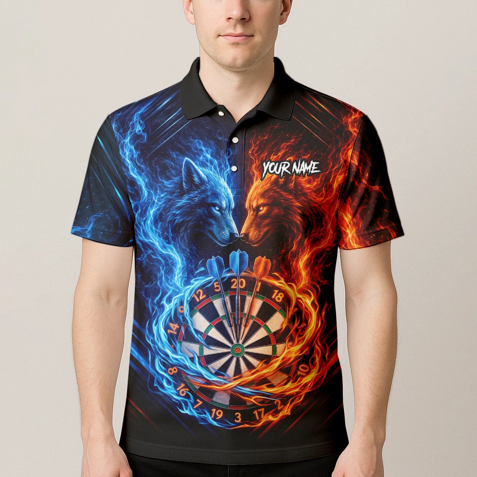 Personalisiertes Blau-oranges Wolf-Flammen-Dartboard Dartshirt für Herren A749