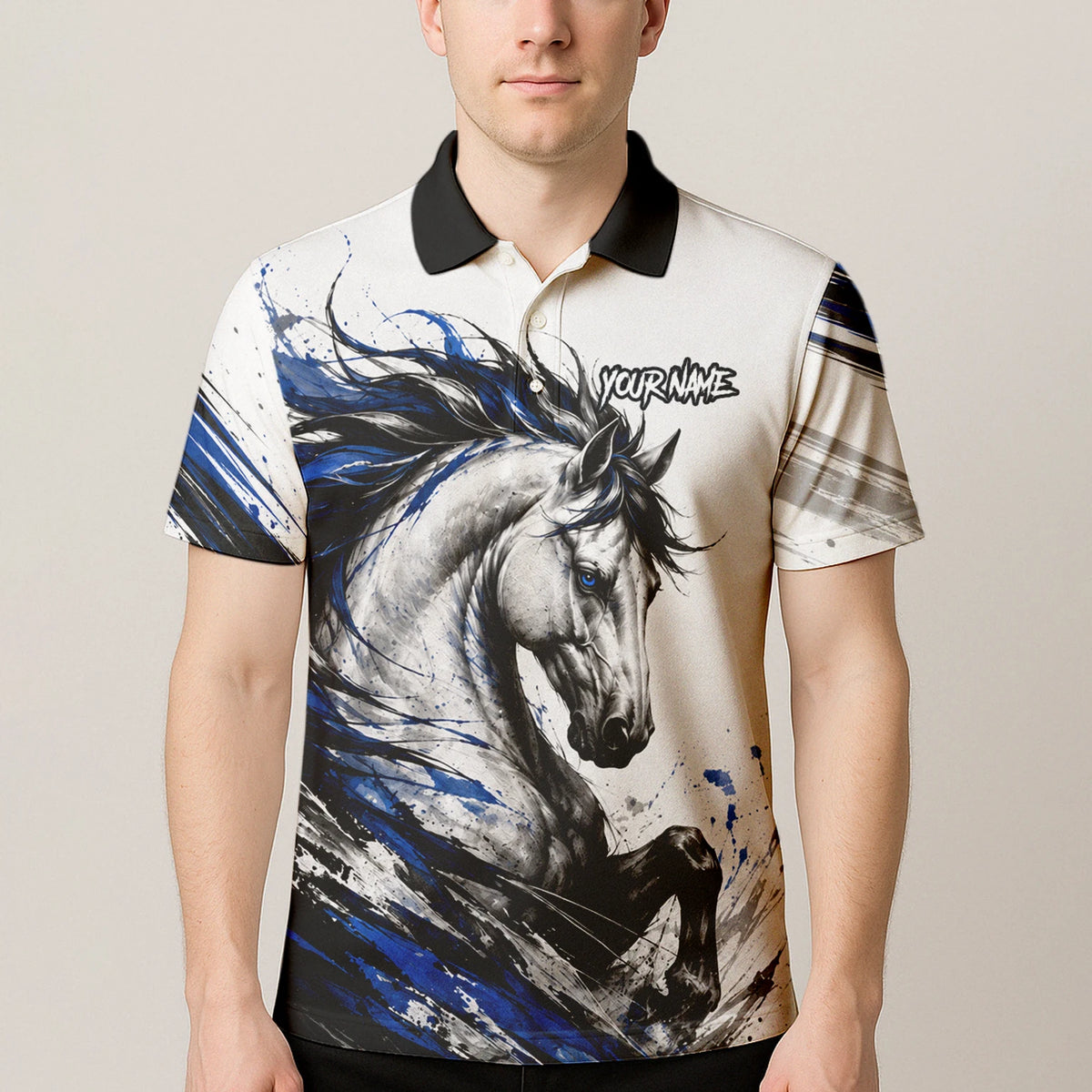 Personalisiertes Dartshirt mit weiß-schwarz-blauem steigenden Pferd für Herren O686