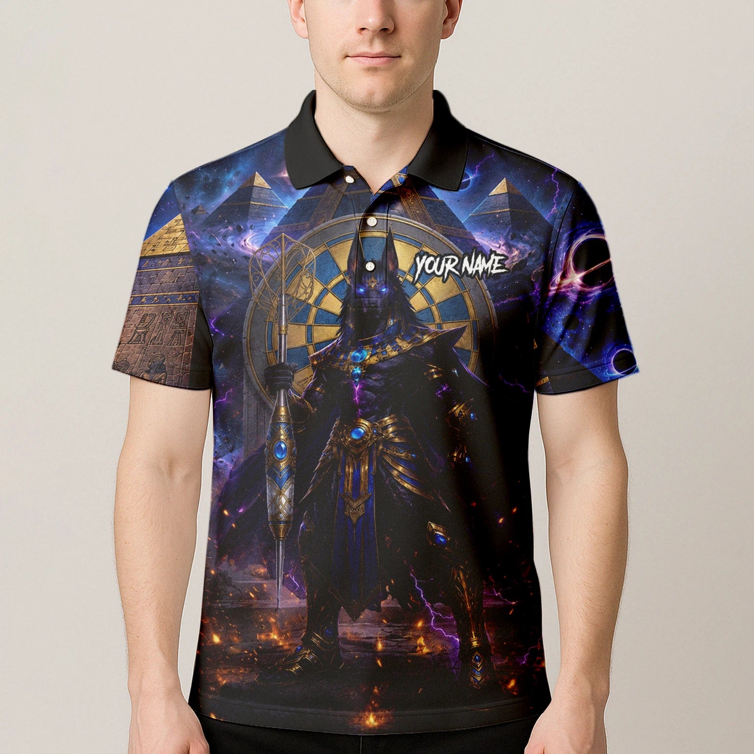Personalisiertes Blau-gold-schwarzes Anubis-Dartshirt für Herren N118