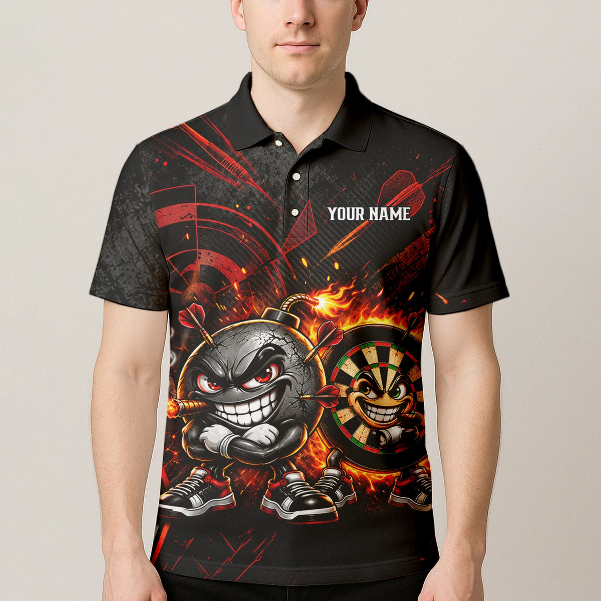 Personalisiertes Dartshirt mit schwarz-roter wütender Comic-Bombe und Dartscheibe für Herren C3423