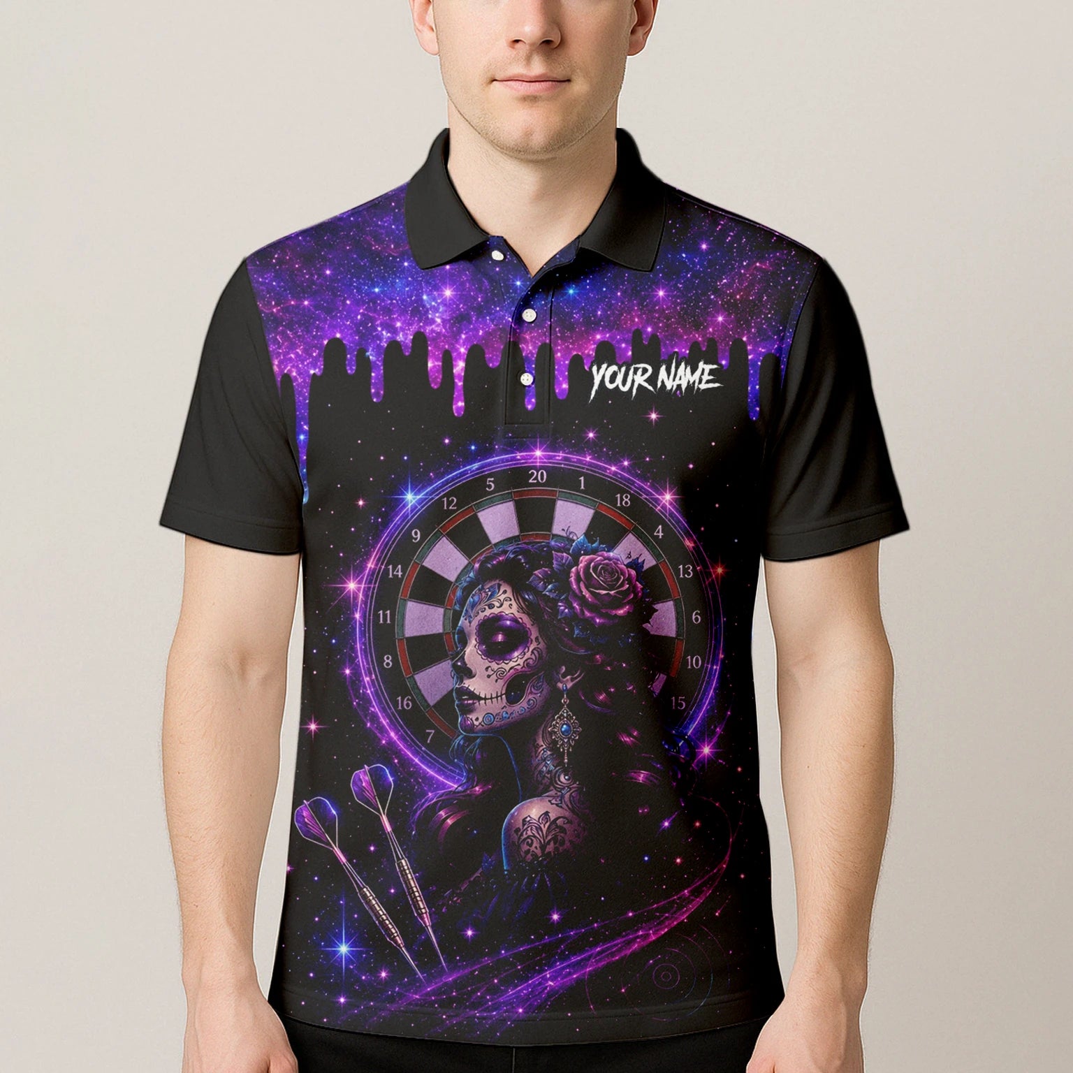Personalisiertes Lila Galaxie Sugar-Skull-Dartshirt für Herren Z967