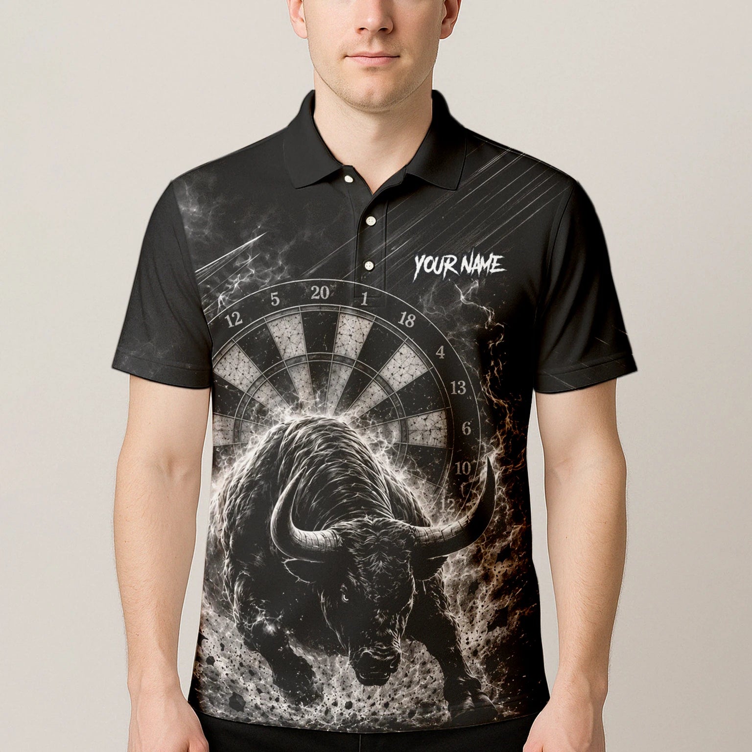Personalisiertes Schwarz-weißes Stierkopf-Dartshirt für Herren V420