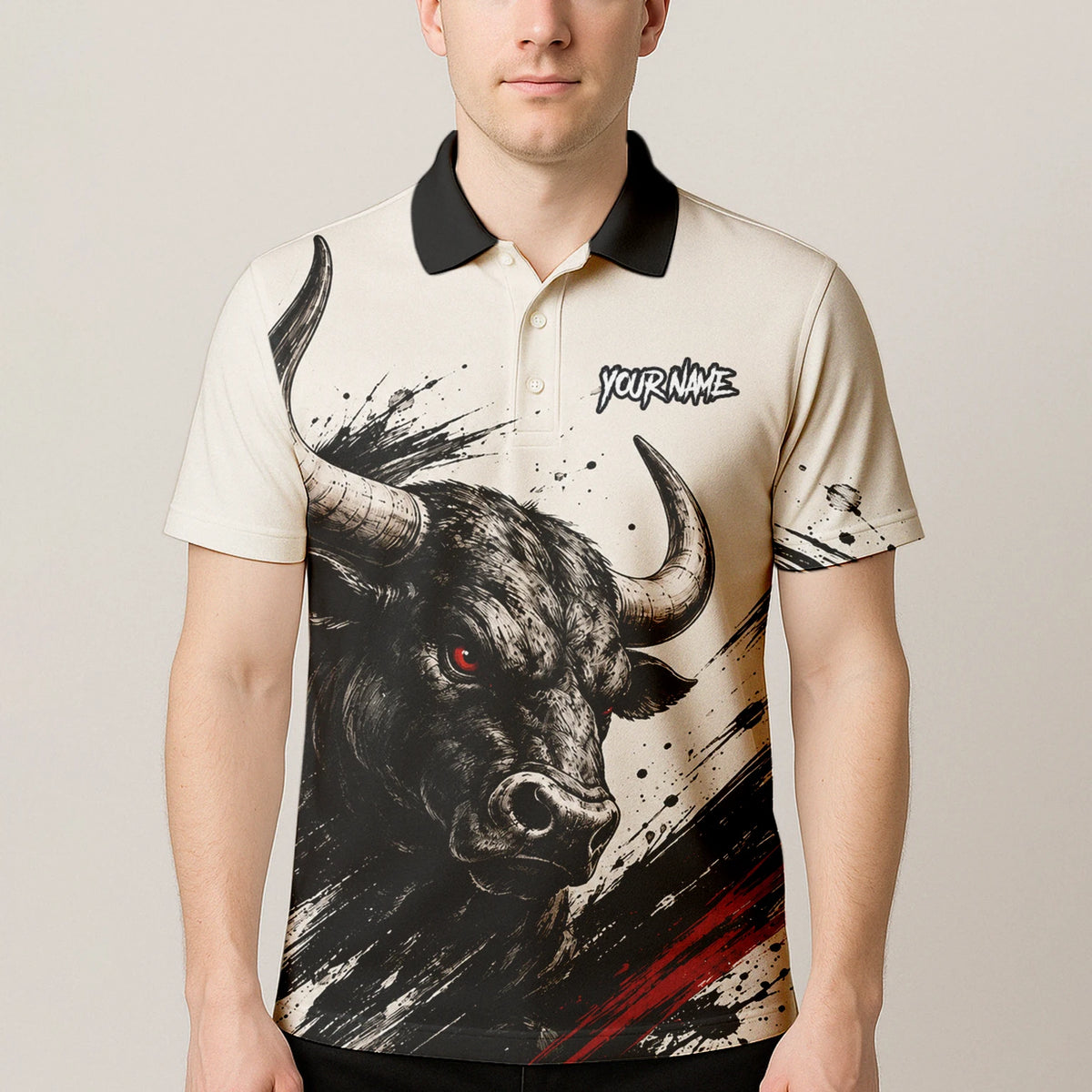 Personalisiertes Dartshirt mit weiß-schwarz-rotem Bullen für Herren H473