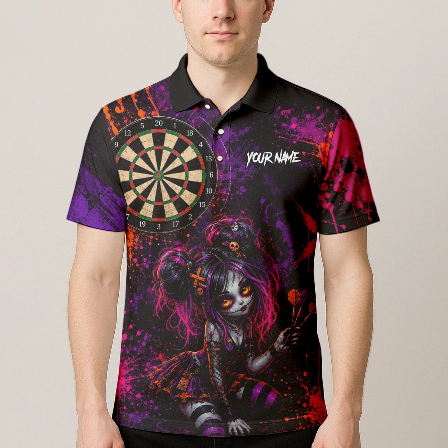 Personalisiertes Schwarz-lila-pink-oranges Gothic-Dartshirt für Herren Z641
