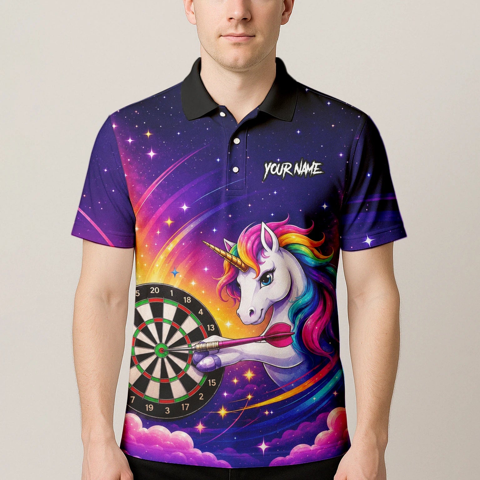 Personalisiertes Violettes Regenbogen-Einhorn-Dartshirt für Herren P431