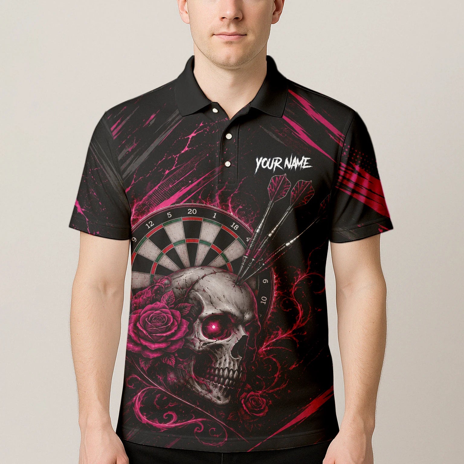 Personalisiertes Schwarz-pink Totenkopf-und-Rosen-Dartshirt für Herren V308