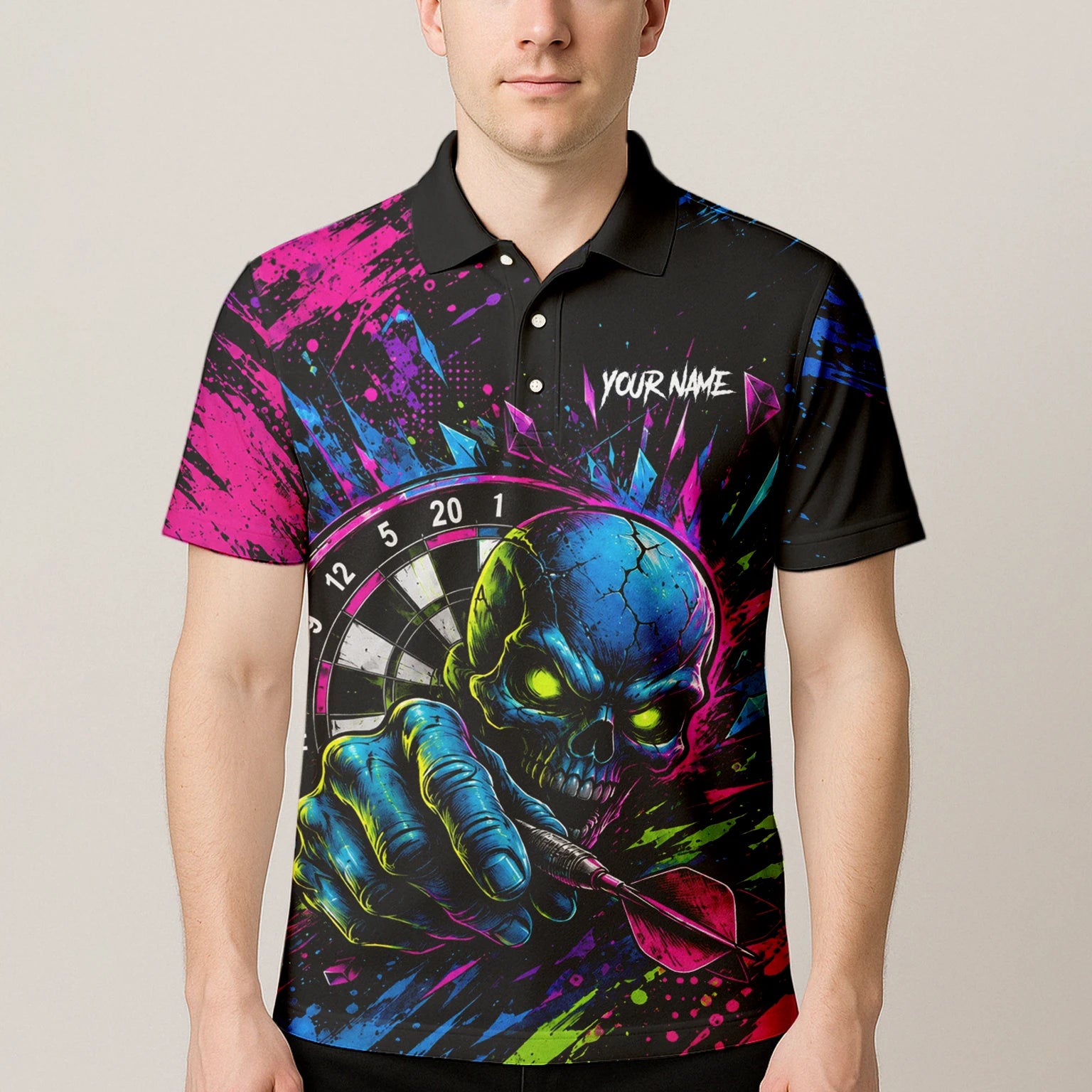 Personalisiertes Neonfarbenes Totenkopf-Dartboard Dartshirt für Herren S232