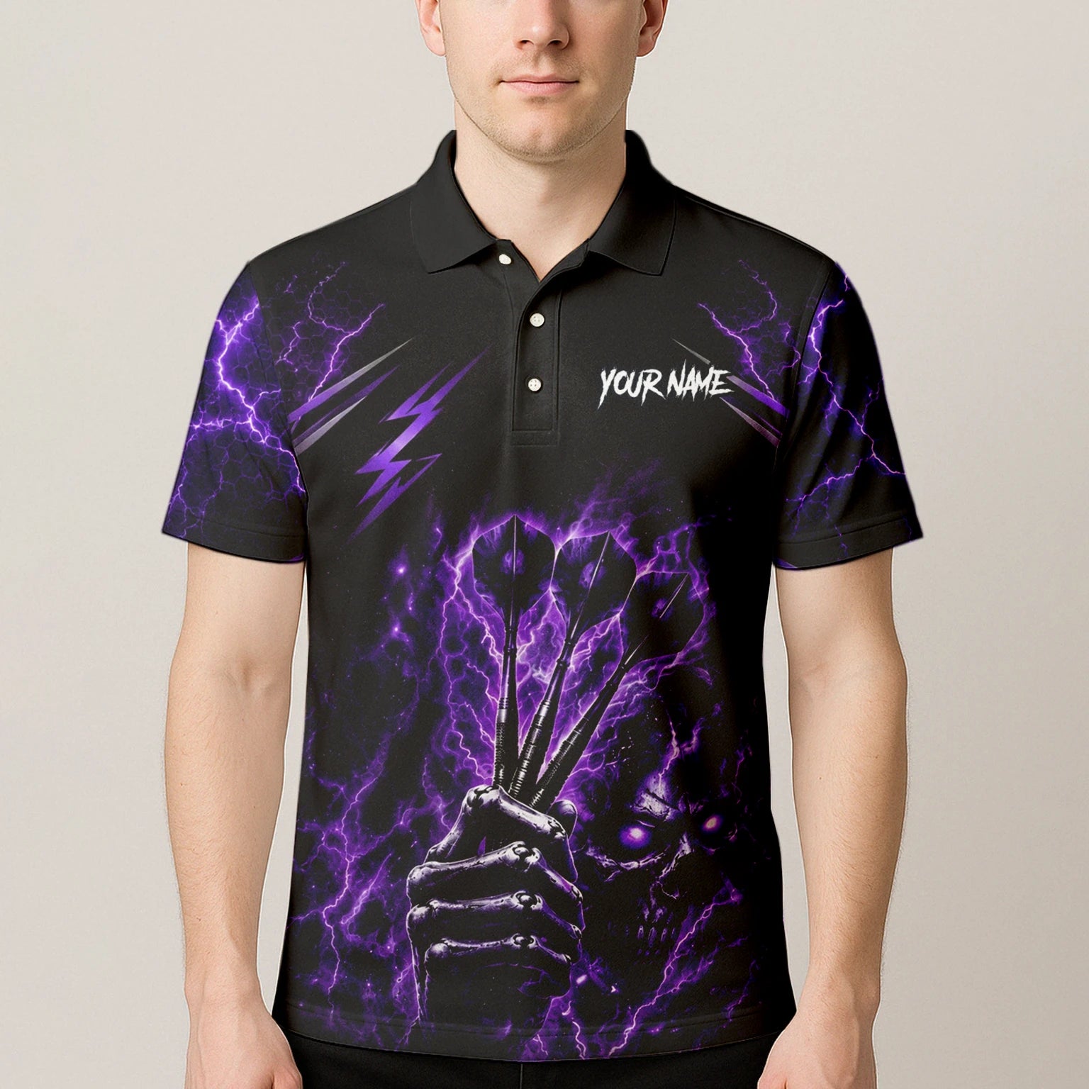 Personalisiertes Schwarz-lila Skeletthand-Dartshirt für Herren H822
