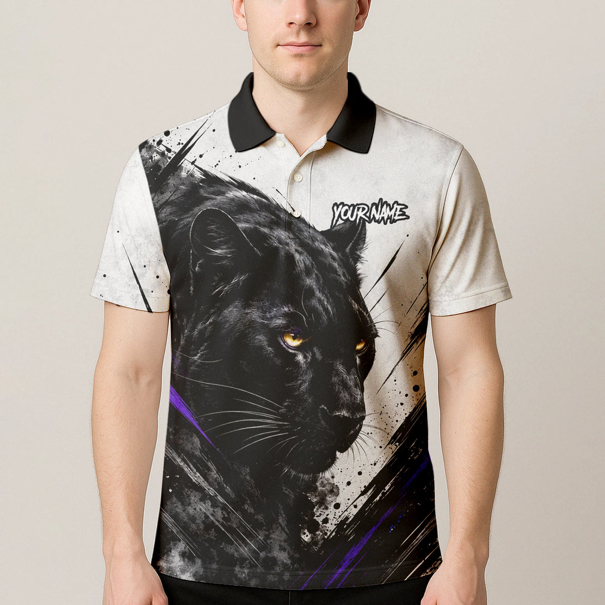 Personalisiertes Dartshirt mit weiß-schwarz-violettem Panther für Herren W442
