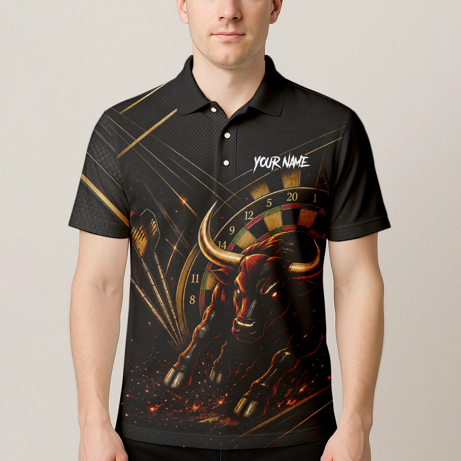 Personalisiertes Schwarz-goldenes Stier Dart Poloshirt für Herren K607