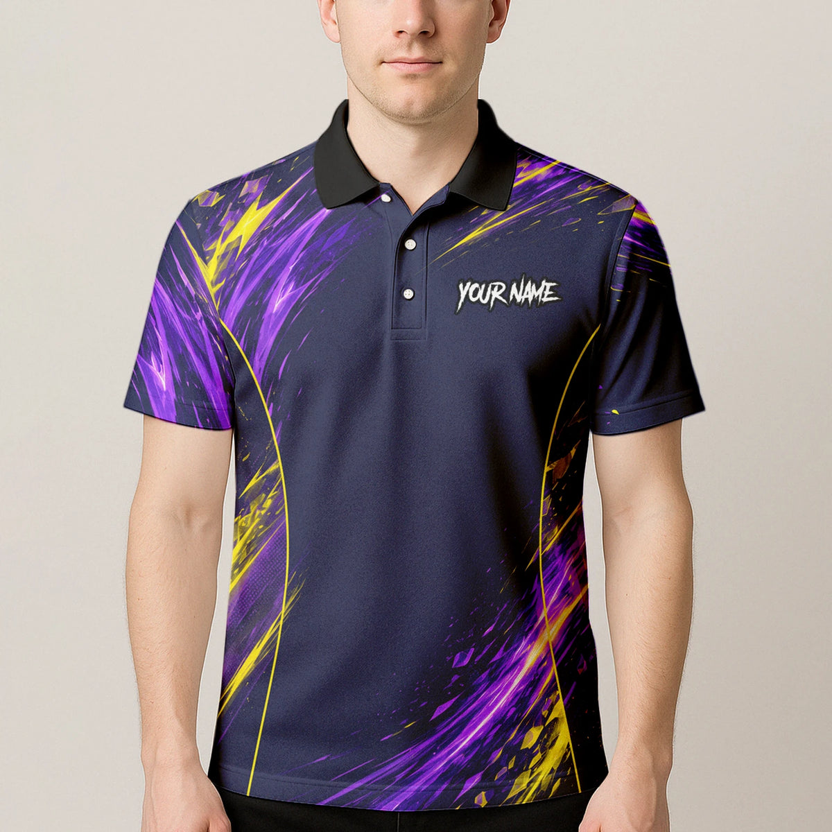 Personalisiertes Dartshirt mit dunkelblau-lila-gelbem abstraktem Design für Herren D517