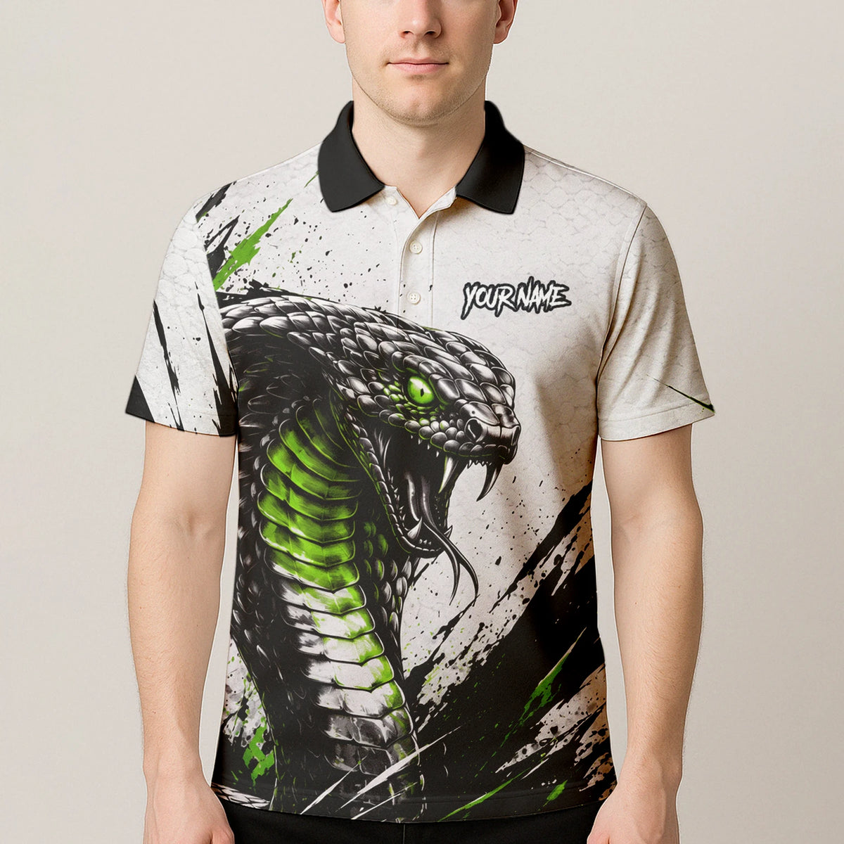 Personalisiertes Dartshirt mit weiß-schwarz-grüner Kobra für Herren A017