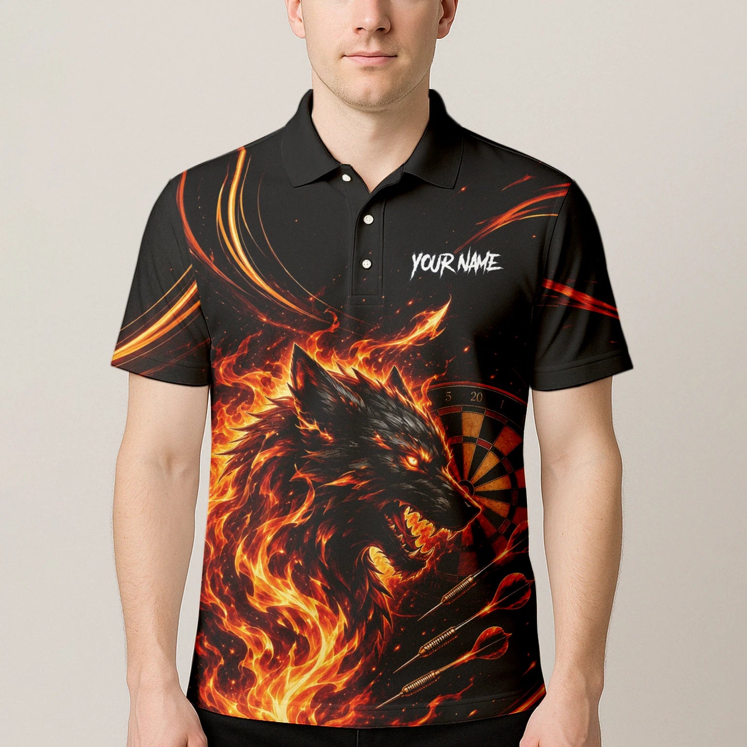Personalisiertes Flammenwolf Dart Poloshirt für Herren W521